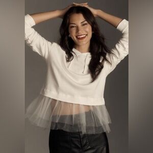 New Anthropologie Pilcro Tulle-Hem Long-Sleeve Hoodie size L White